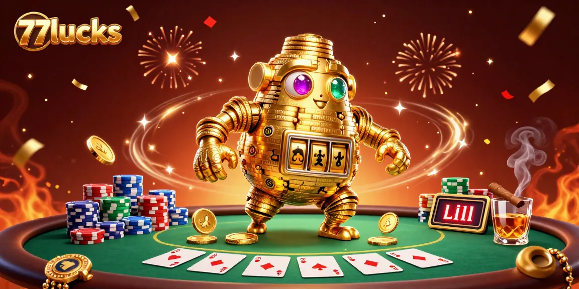 77lucks mengundang pemain untuk merasakan keberuntungan di kasino dengan golem emas yang berputar di tengah permainan kartu.
