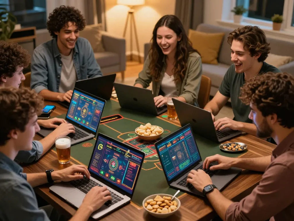Engaging online gaming session at home with friends, showcasing the exciting o8 casino experience.