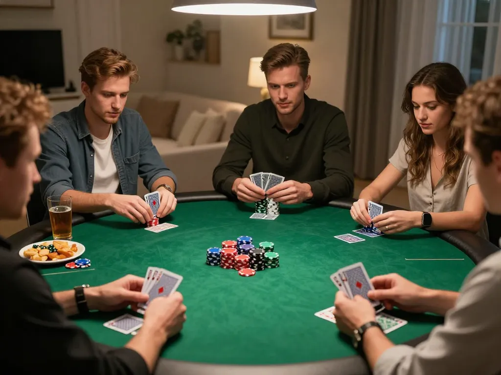 Engaged players at private poker game visually strategizing on trang chủ 33win table.