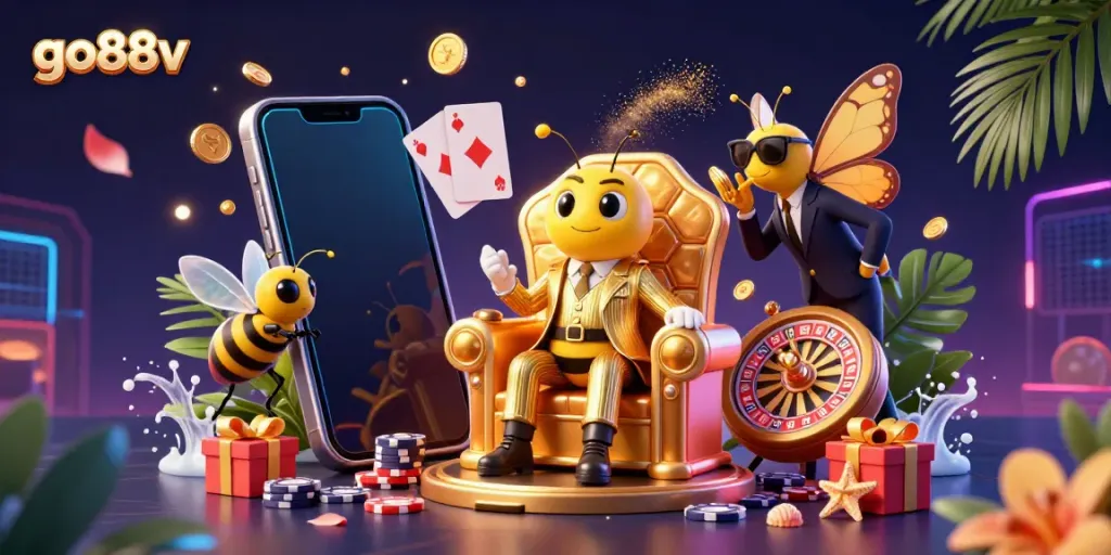 Engage in thrilling games at go88v with vibrant slots, golden coins, and captivating characters.