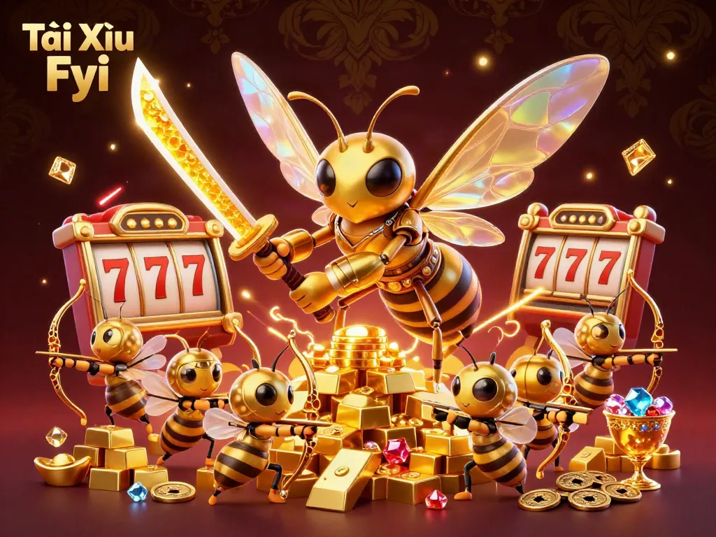 Tài Xỉu Fyi showcases a vibrant scene with a golden hornet in samurai armor and gambling elements highlighting winning strategies.