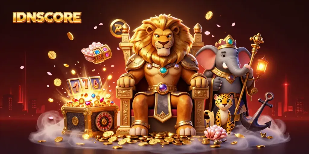 Engage with IDNSCORE in a vibrant 3D casino scene featuring a lion king, advisor elephant, and cheetah messenger.