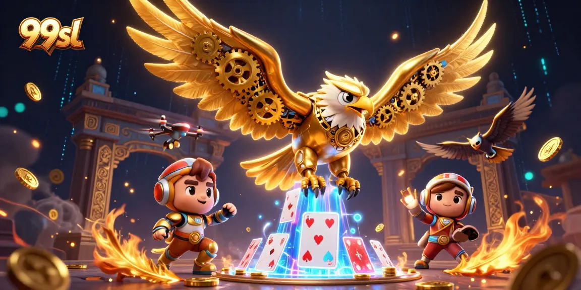 Experience the thrilling world of 99sl with a cybernetic eagle soaring through holographic cards and gold coins.