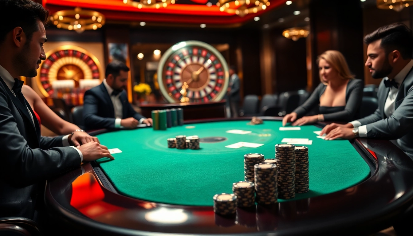 Poker players strategizing at a casino table with situs11 branding in a luxurious setting.