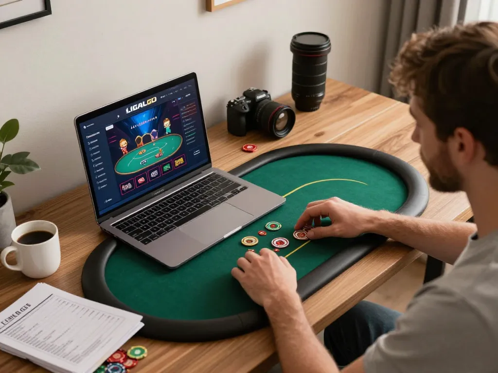 LIGALGO online gaming setup with laptop showing poker game interface, representing engaging home entertainment