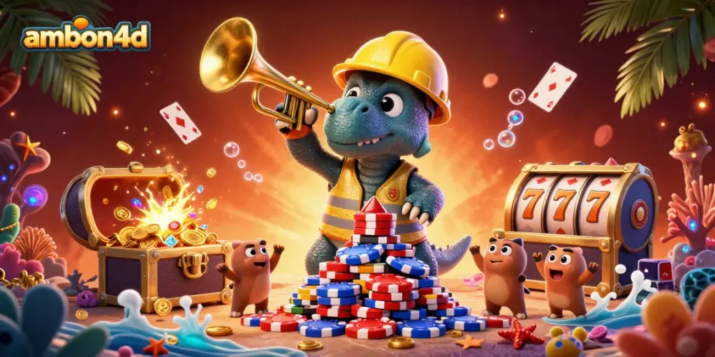ambon4d showcases a vibrant casino scene with poker chips, joyful characters, and winning treasures