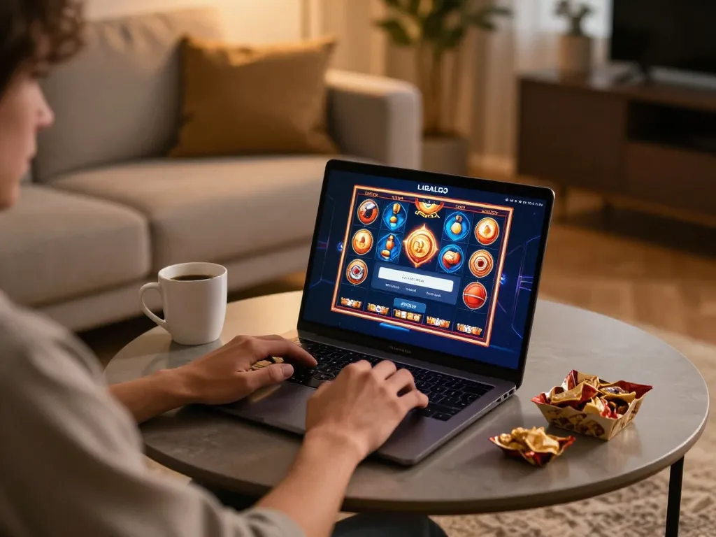 LIGALGO LOGIN on screen as player engages in online slot games at home