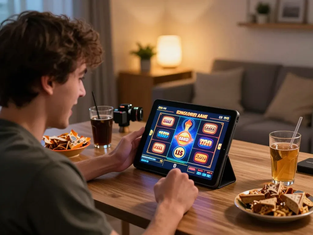IDNSCORE player celebrating a win at an online slot game from home with festive snacks and drinks.