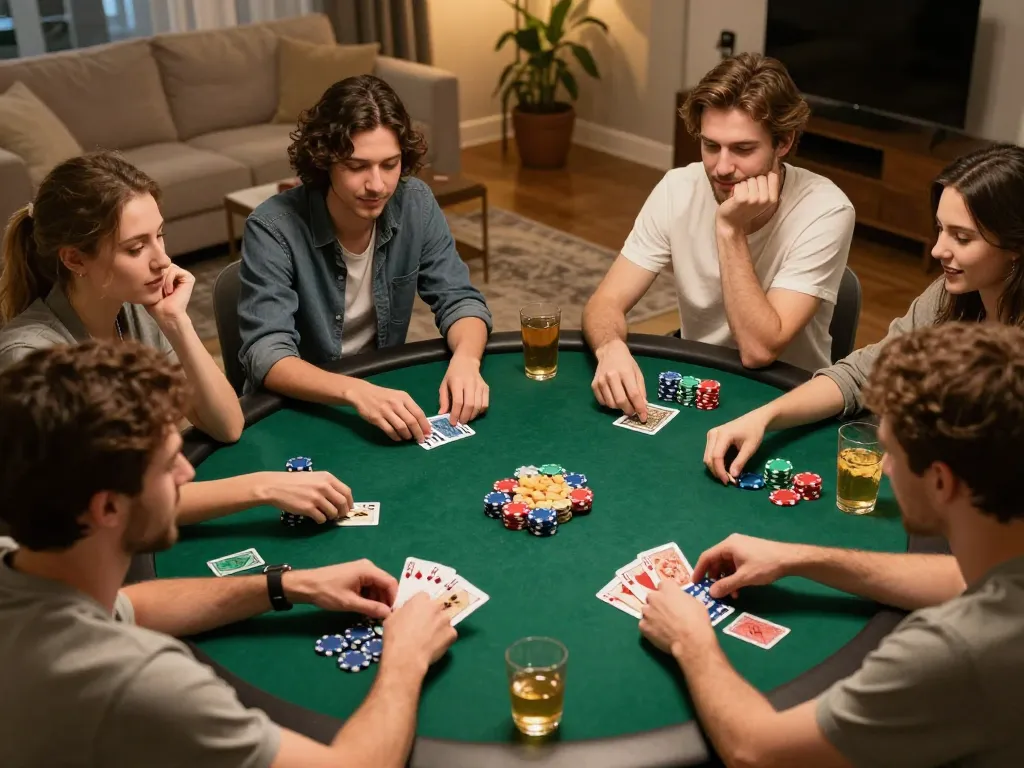 Friends enjoying a poker game night at home, showcasing strategic play and camaraderie in a relaxed setting.