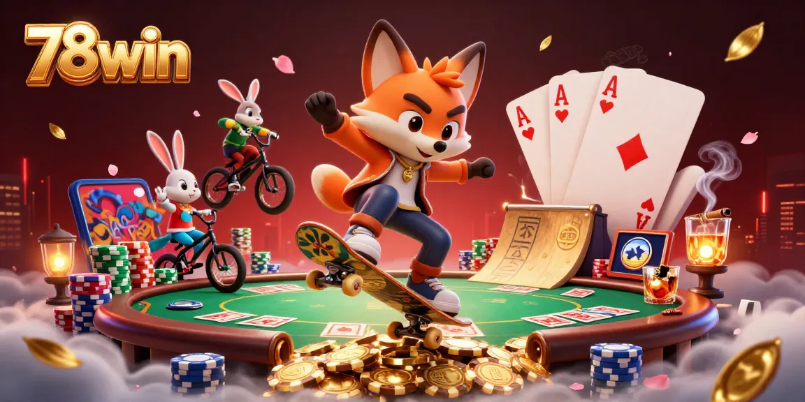 Experience thrilling action at 78win with a foxy skateboarder and BMX rabbit in a vibrant casino atmosphere.