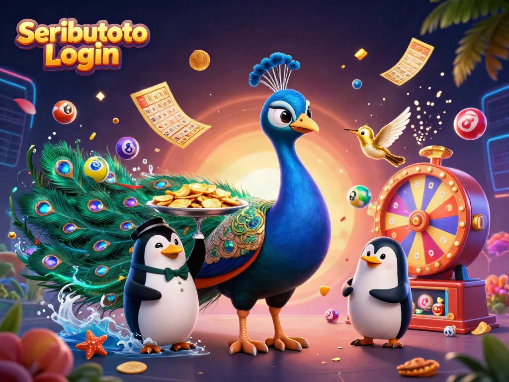 Engage with Seributoto Login through vibrant lottery elements, dynamic characters, and casino atmosphere.