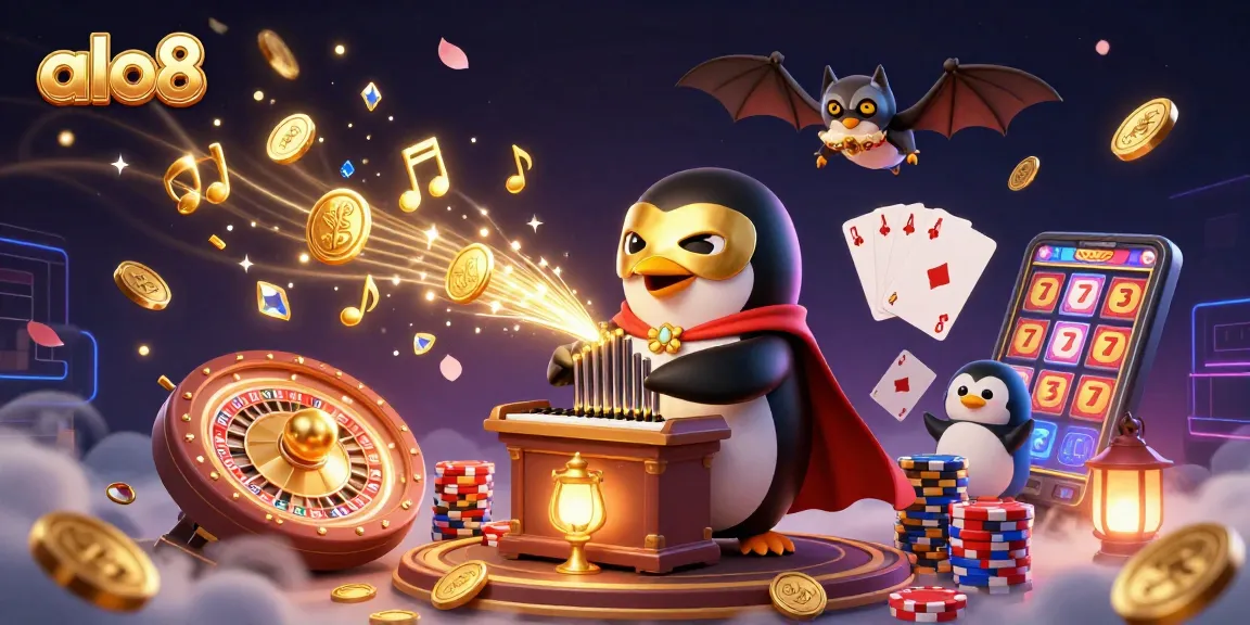 Experience the excitement of alo8 as a phantom opera penguin brings gold coins to life in a vibrant casino scene.
