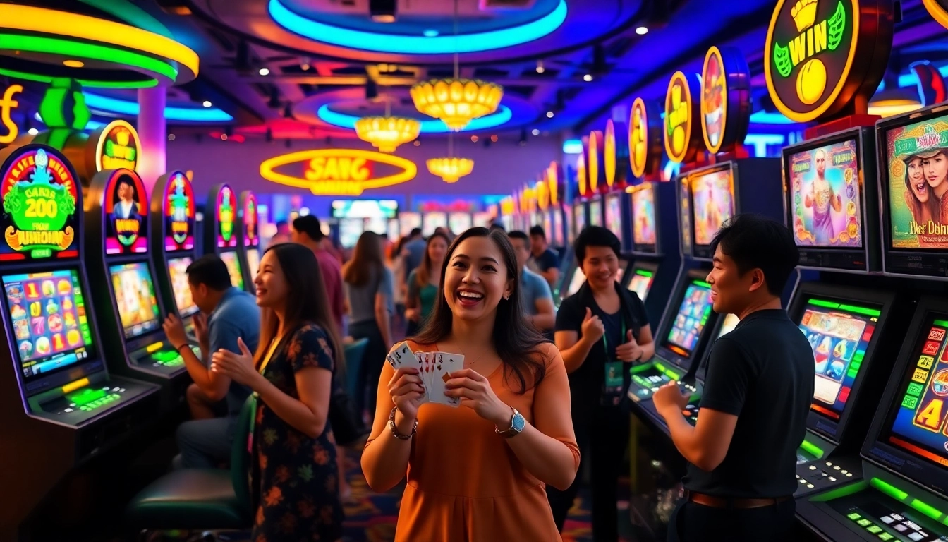 Exciting casino scene highlighting 98WIN with diverse players engaging in vibrant slot games.