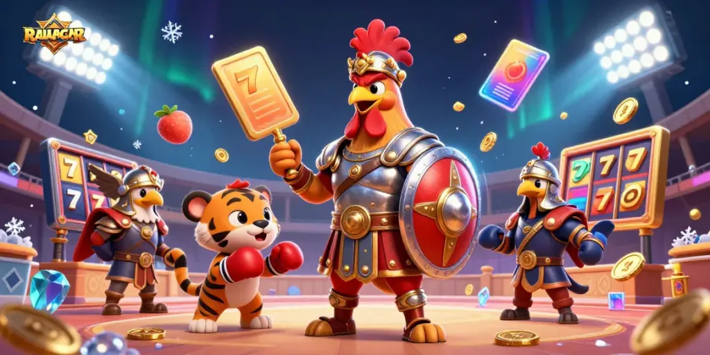 RAJAGACOR, permainan slot gacor dengan karakter unik gladiator dan elemen kasino yang menarik.