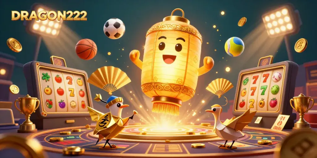 Experience thrilling gaming at DRAGON222 with vibrant slot reels and dynamic sports elements.
