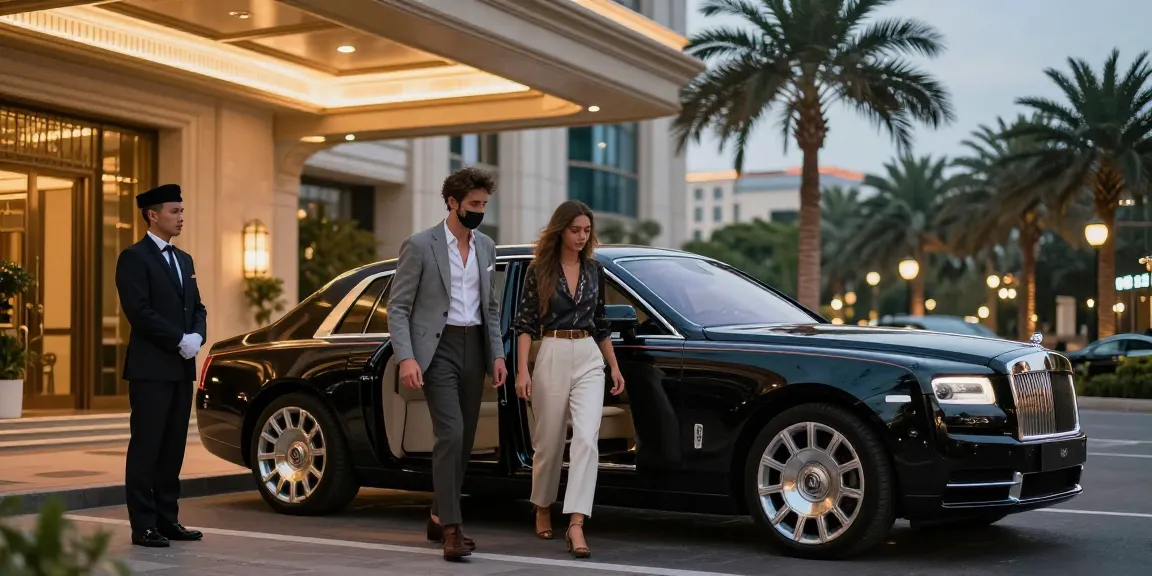 Mobil mewah LUXURY 777 di depan hotel mewah, mencerminkan gaya hidup prestisius.