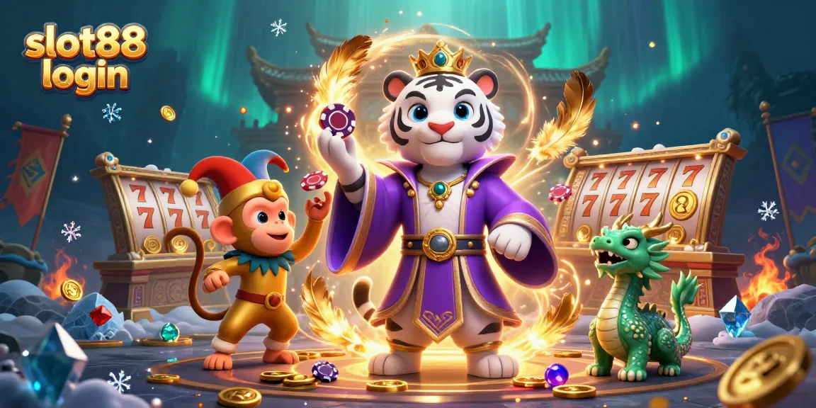 Engage with slot88 login while enjoying an entertaining scene featuring a regal tiger and golden monkey amid vibrant casino elements.