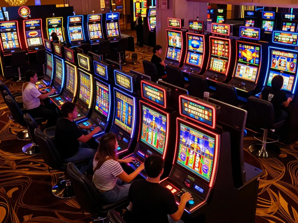 Players spin reels on colorful IDC88JOKER slot machines in a vibrant casino atmosphere.
