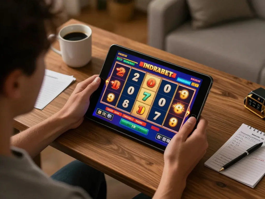 Engaging moment playing indrabet slot on a tablet at home, showcasing vibrant game screen.