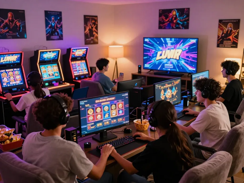 Exciting gaming atmosphere showing diverse players engaged on vegasslot77.com with vibrant screen visuals.