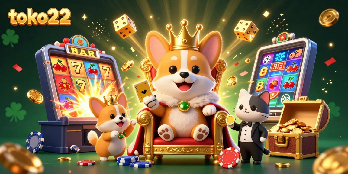 Experience excitement at toko22 with a royal corgi amid a vibrant casino scene, winning big!