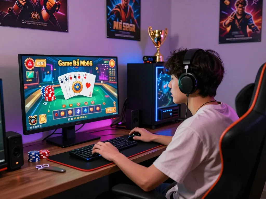 Player enjoying Game Bài Mb66 in a vibrant gaming setup with cards and chips.