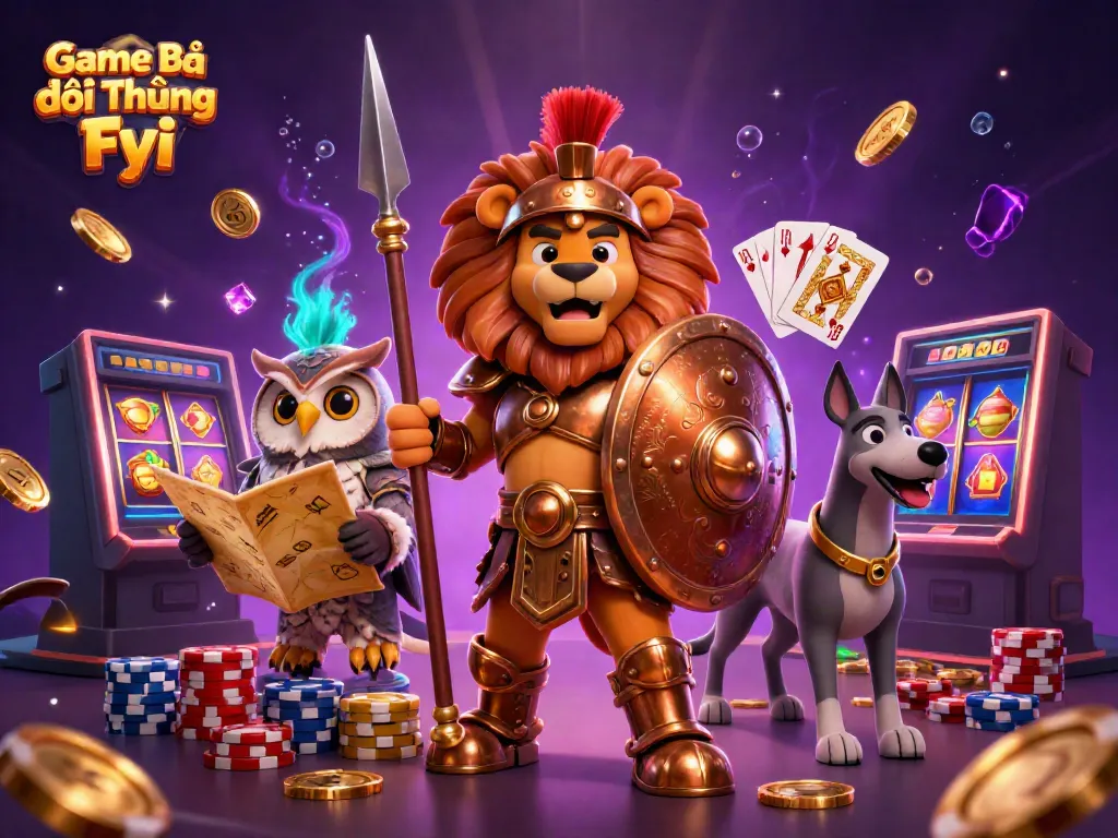 Experience thrilling action with Game Bài Đổi Thưởng Fyi featuring a Spartan lion and a tactical owl in a dynamic casino scene.