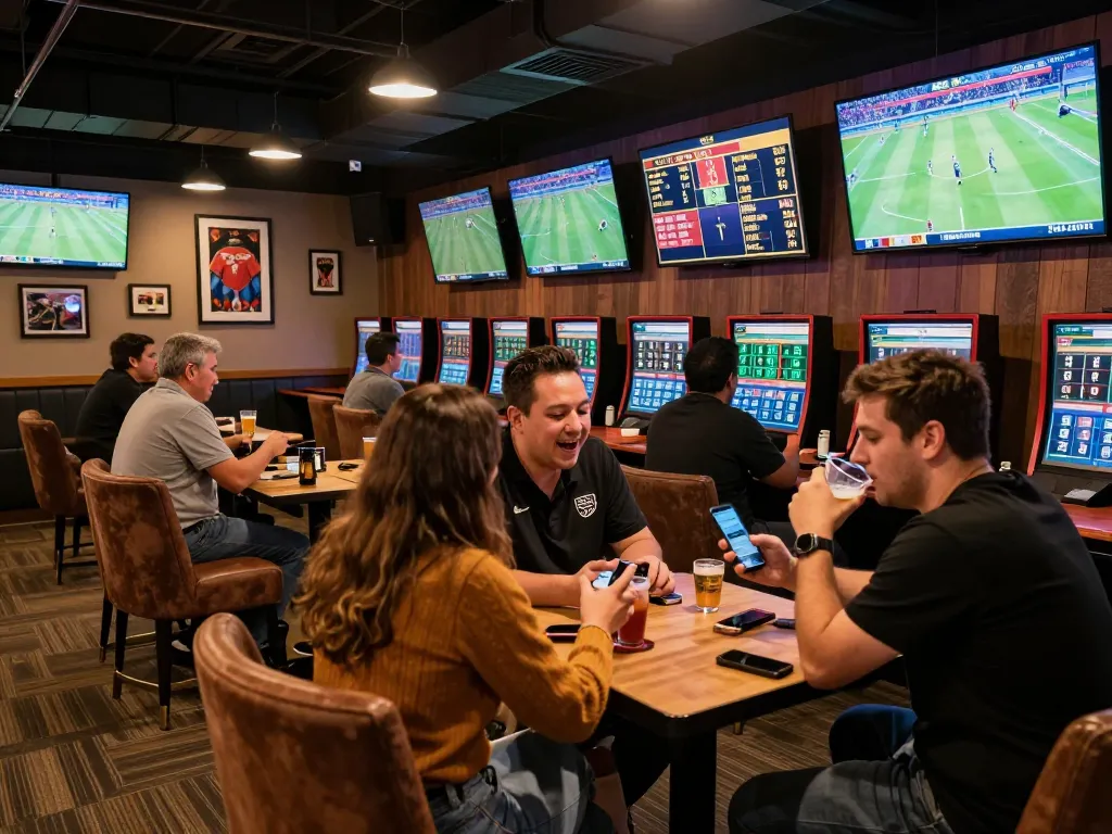 Xoilac sports betting patrons dynamically engaging with live bets, capturing excitement in a modern lounge.