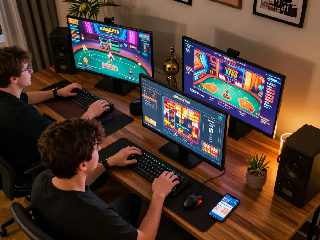 KADAL778 player immersed in online casino gaming with multiple screens showcasing dynamic gameplay.