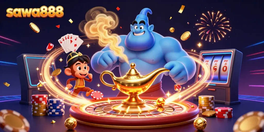 Experience enchanting gameplay with sawa888, featuring a magical genie and vibrant casino elements.