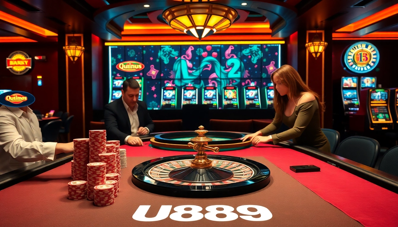 Experience thrilling gaming action at U888 with dealers, chips, and a roulette wheel.
