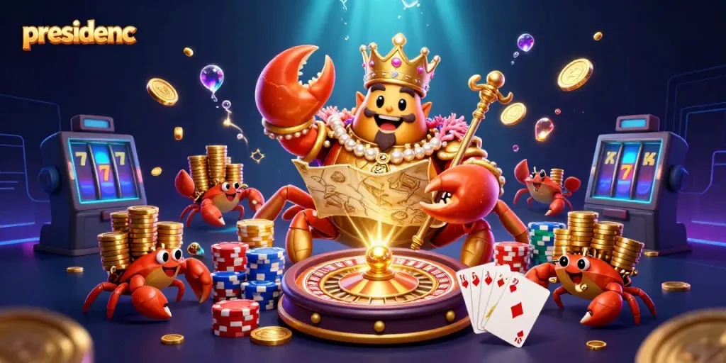 Experience thrilling gameplay with presidencc's golden crab emperor amidst a burst of casino excitement.