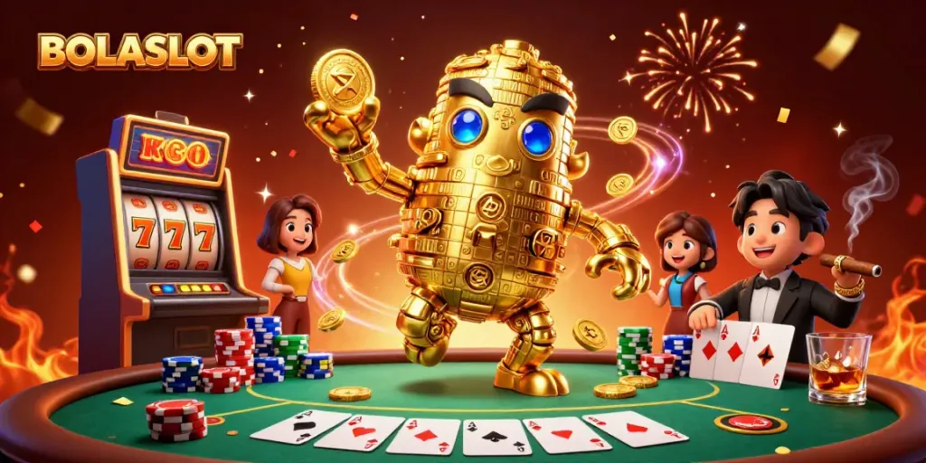BOLASLOT reveals an exciting 3D scene with a golden coin golem amidst slot machines and poker tables.