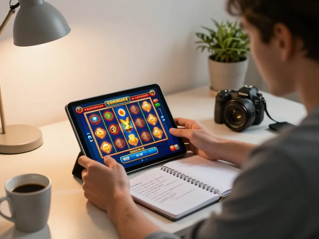IDCASH88 player enjoying a colorful slot game on tablet in cozy home office.