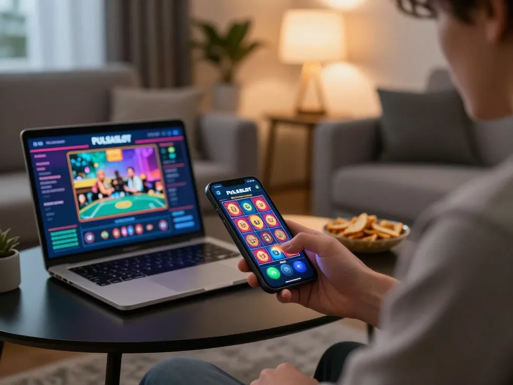 PULSASLOT app screen being interacted with by a player during a cozy home gaming session.