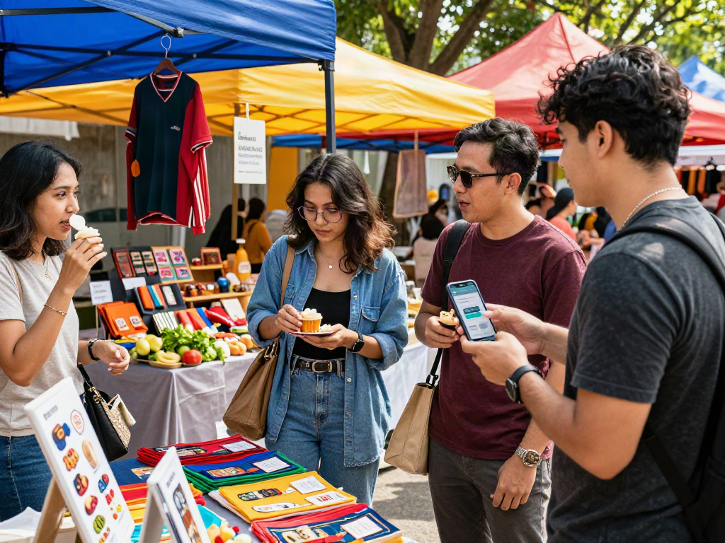 A vibrant outdoor shopping scene with friends enjoying the market, showcasing link alternatif bro138 on a smartphone.