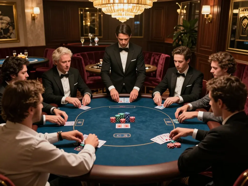 BONGDALU poker players in high-stakes game, showcasing strategic decision-making and luxury setting.