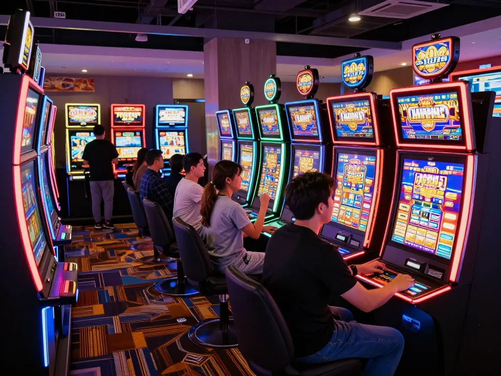 Players enjoying dynamic slot gameplay in a vibrant casino setting with flashing machines and celebratory moments