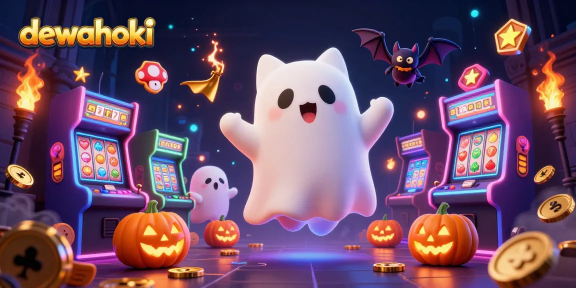 Experience winning spins at dewahoki, with a ghost cat and bat in a lively casino scene.