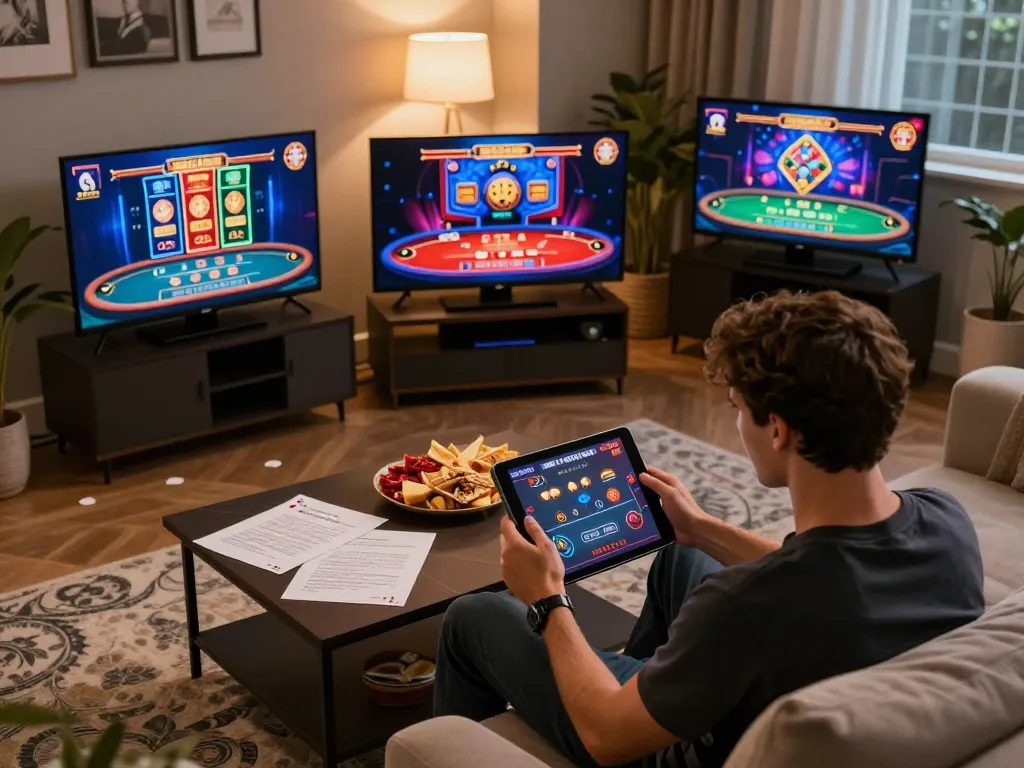 Player enjoying online casino experience with OK9 on tablet in modern living room, emphasizing strategic gameplay.