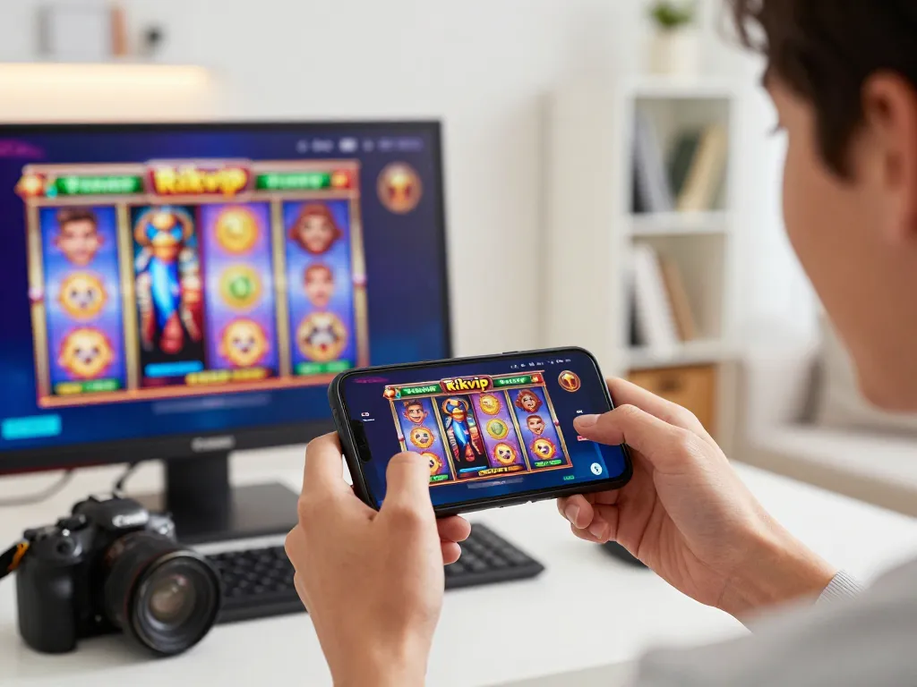 Playing on the Rikvip casino app with excitement and vibrant graphics.