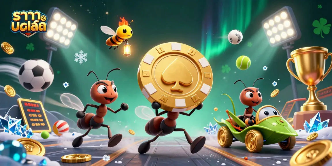 ราคาบอลสด ในภาพการ์ตูน 3D ออนไลน์ แสดงทีมมดวิ่งหลบหนีพร้อมชิปโป๊กเกอร์ทองคำขนาดใหญ่