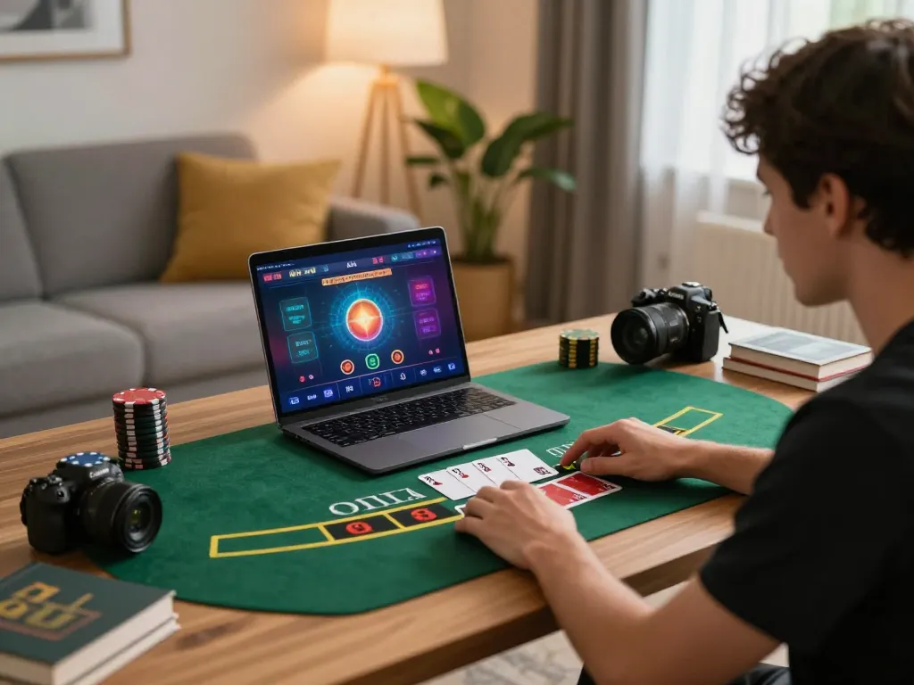 Engaging in GO8 online casino blackjack while seated at a stylish home desk.