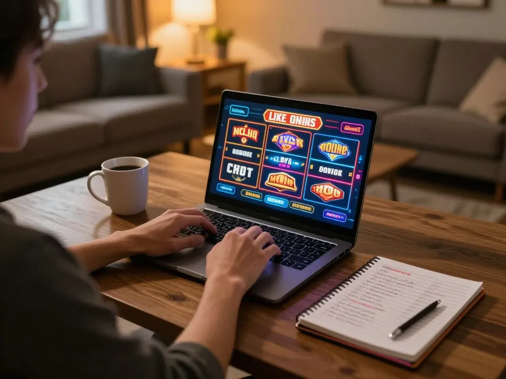 Jamsosindonesia gamer enjoying online slots from a cozy setup with strategy notes