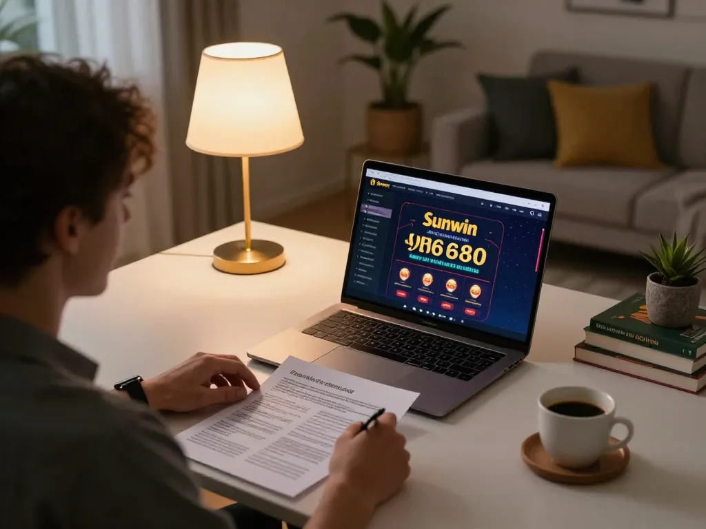 Player engaged with Sunwin online casino on laptop, demonstrating responsible gambling practices in a cozy home setup