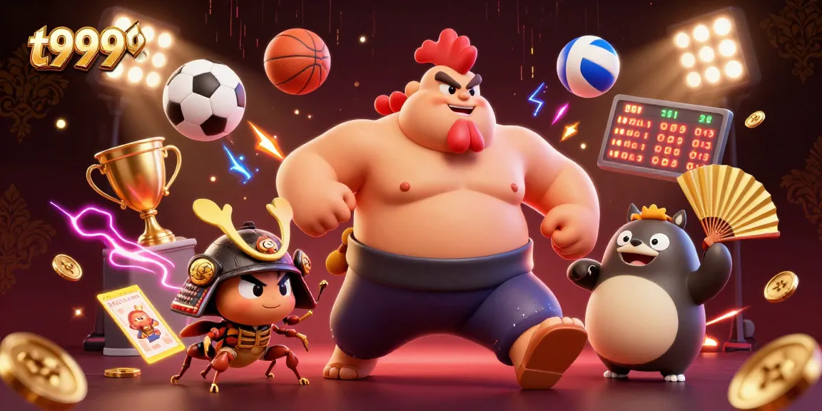 Join the excitement at t9999 with an action-packed casino scene featuring sports balls and dynamic game elements.