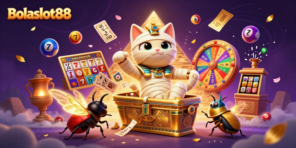 Bolaslot88's vibrant 3D casino scene showcasing a mummy cat, glowing scarab, and dynamic gaming elements.