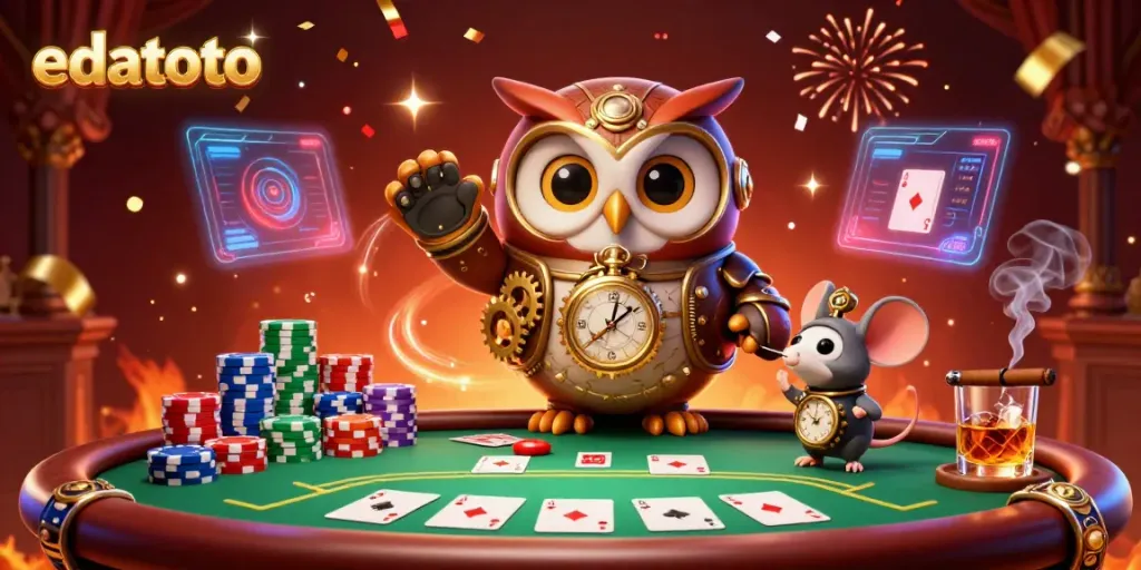 Experience edatoto with stunning poker action in a steampunk casino, vibrant and energetic.