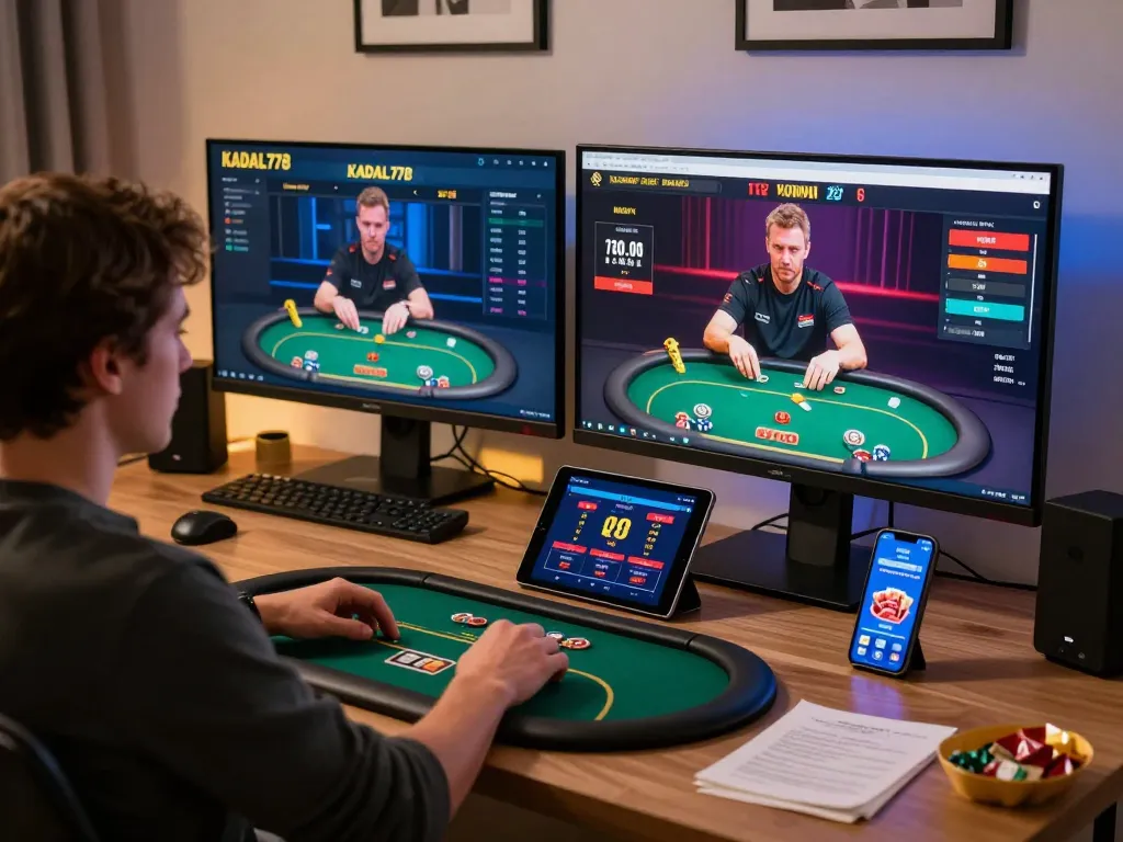 KADAL778 online casino setup with a user engaging in poker gameplay on multiple screens, showcasing a modern gaming environment