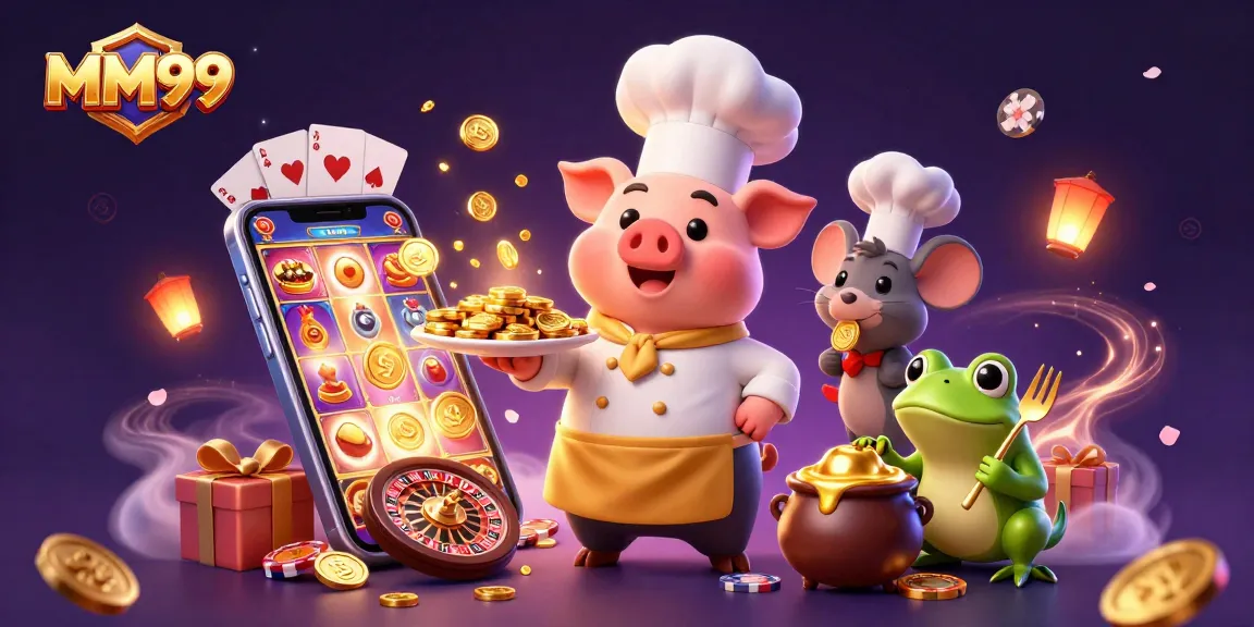 Experience slot excitement with MM99 as a chef pig serves gold coins in a vibrant casino scene.